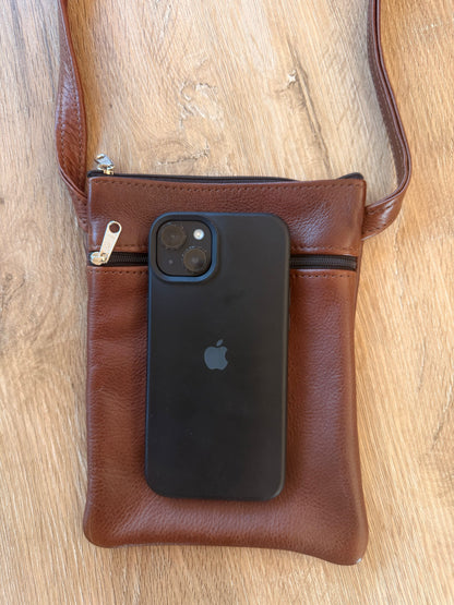 Sac bandoulière pour téléphone en cuir véritable – Marron Châtaigne